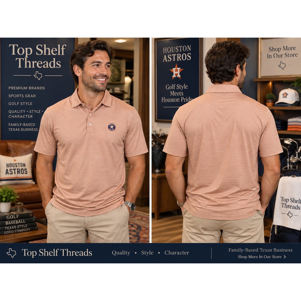 Peter Millar Men M Houston Astro Summer Comfort Polo Peach Stripe MLB Golf Shirt